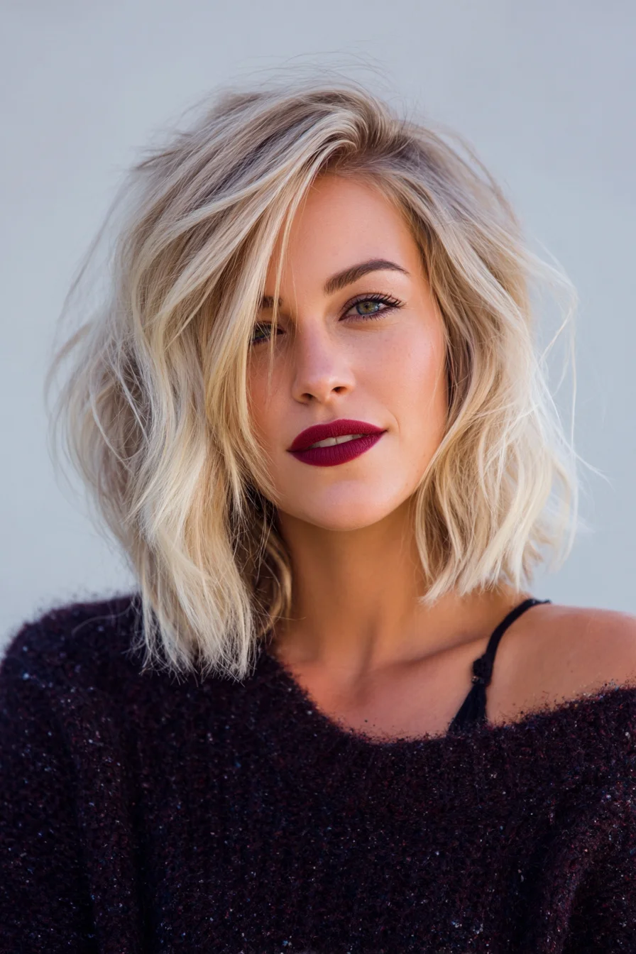 Textured Blonde Lob with Face‑Framing Layers and Beachy Waves