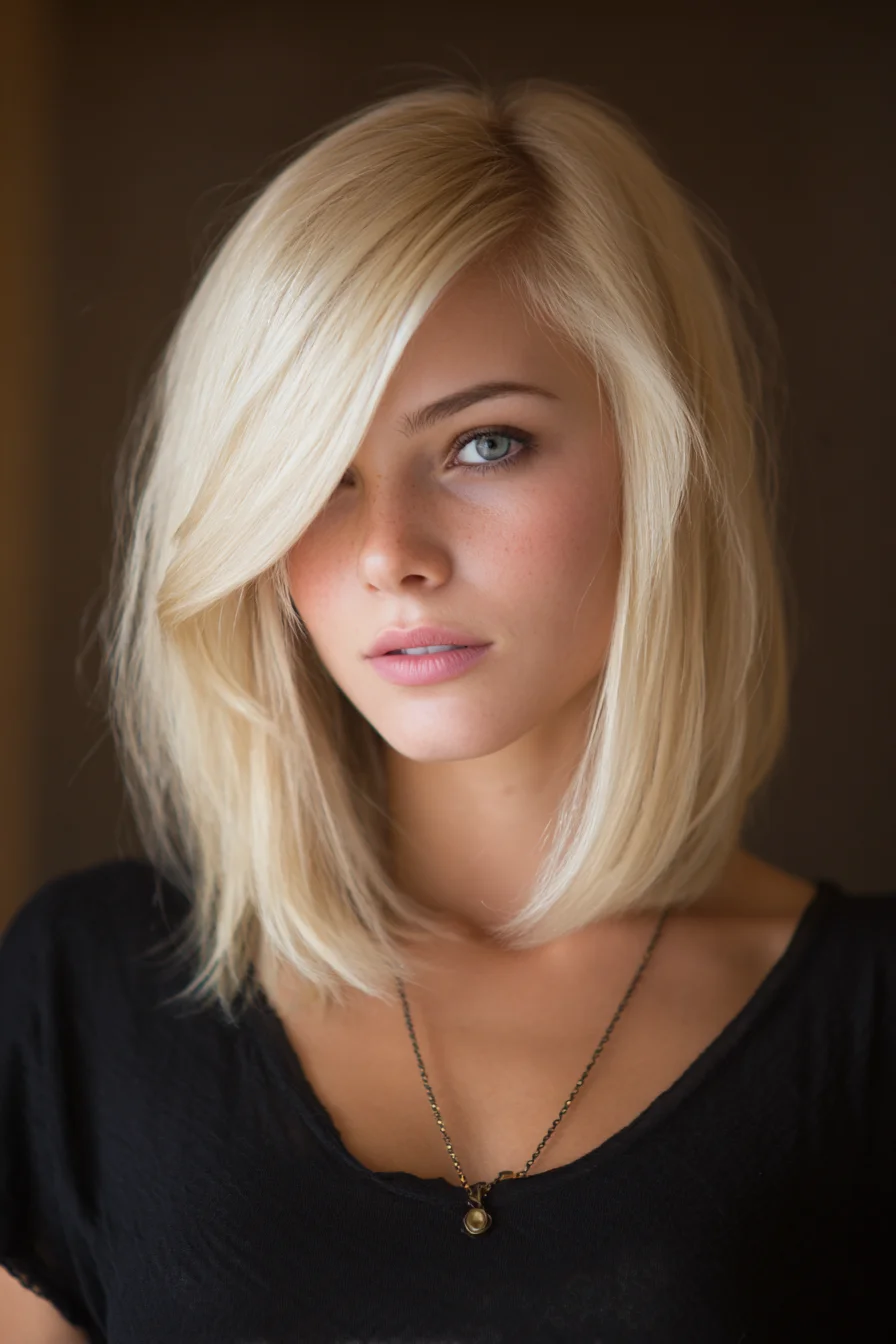Textured Blonde Lob with Long Side-Swept Fringe