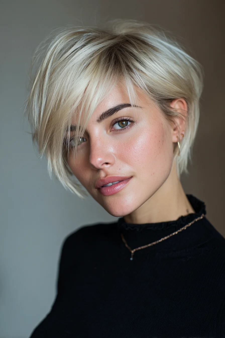 Textured Blonde Short Pixie-Bob with Side-Swept Fringe