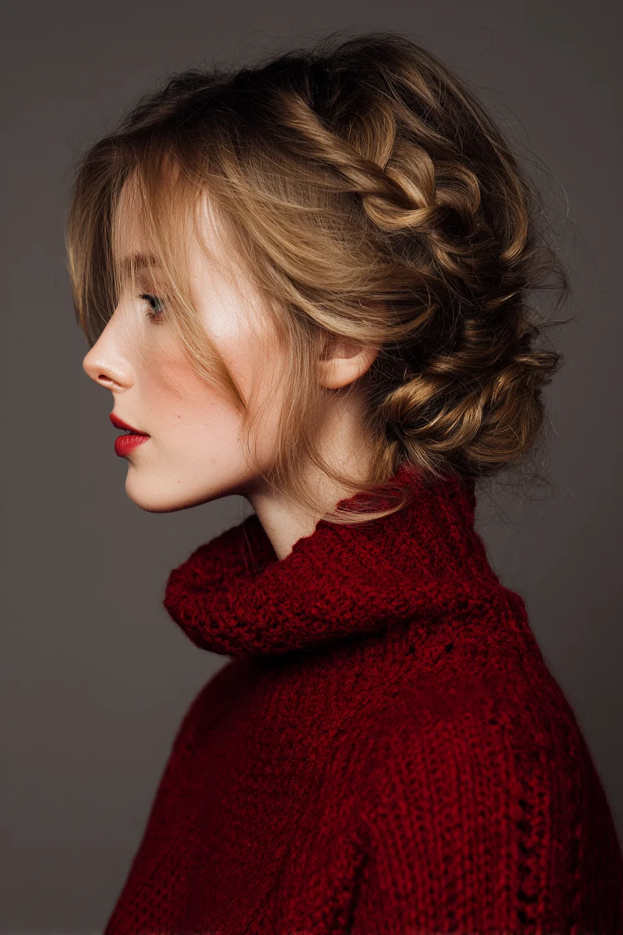 Textured Braided Crown into Low Messy Bun — Romantic Updo for Medium–Long Hair