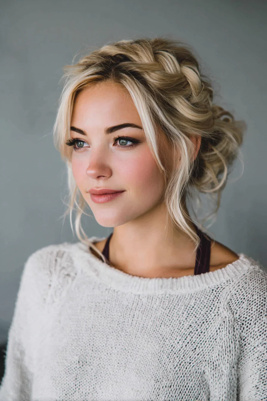 Textured Braided Crown Into Messy Low Bun - Soft Face-Framing Updo