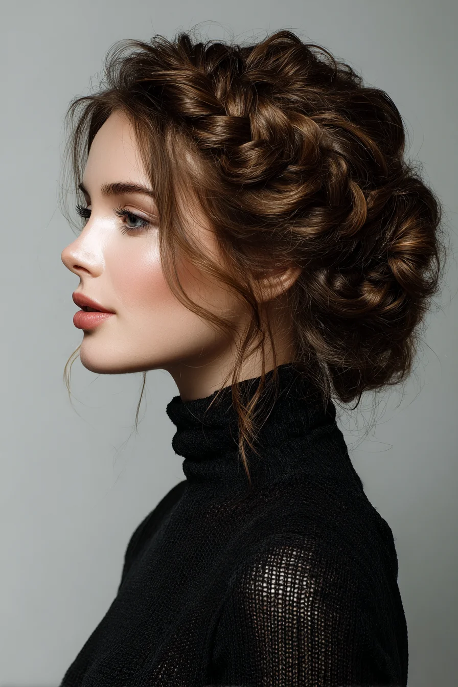 Textured Braided Crown Low Updo with Face-Framing Tendrils
