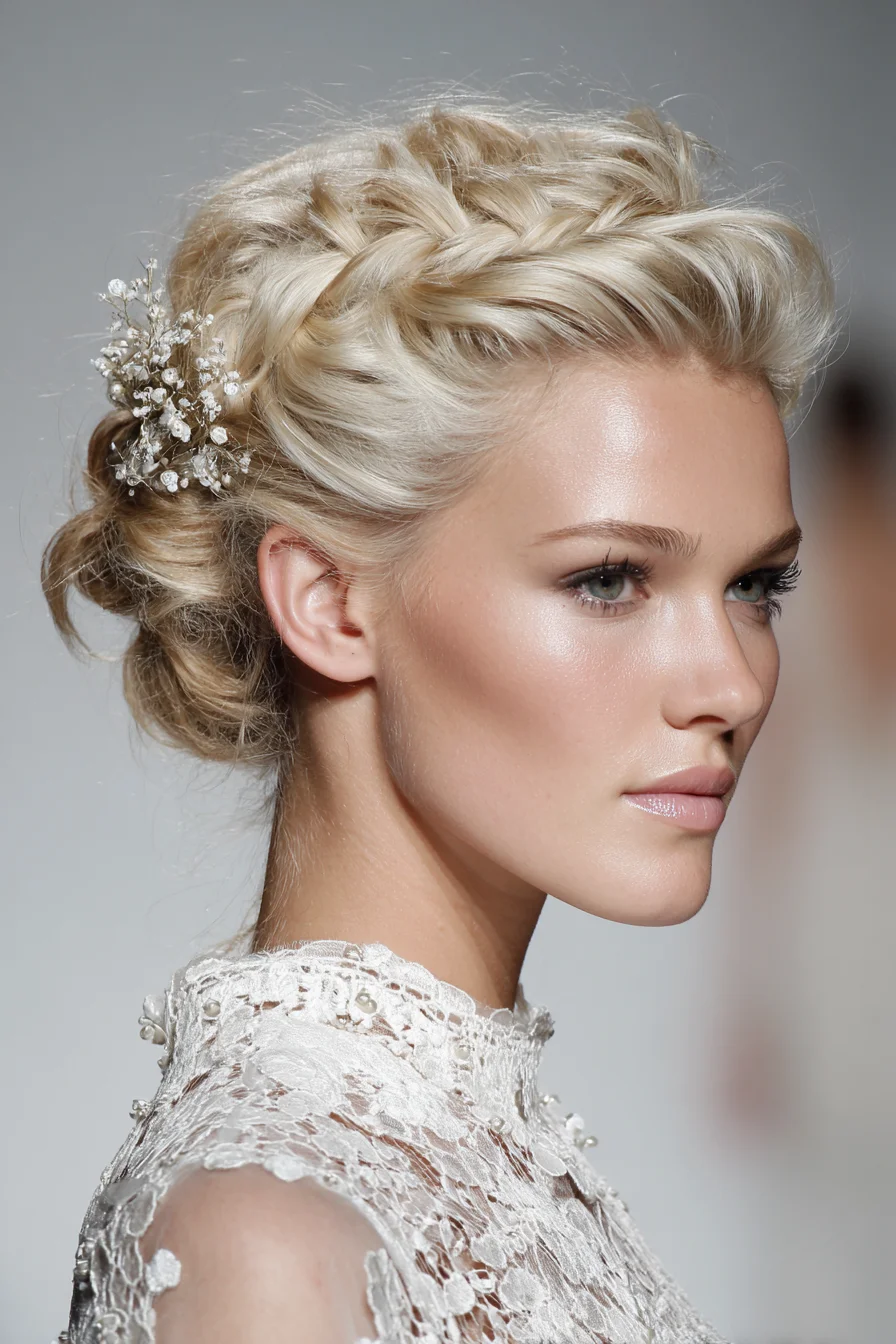 Textured Braided Crown Updo with Floral Accent