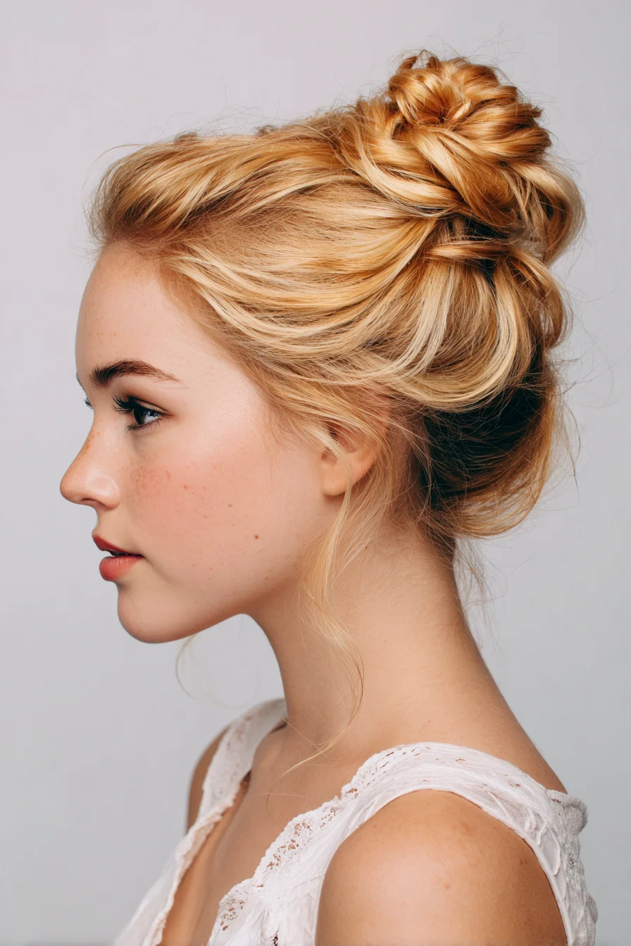 Textured Braided High Bun with Loose Face‑Framing Tendrils