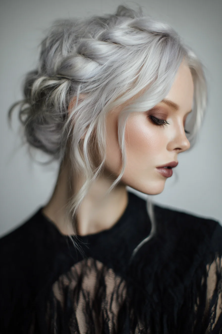 Textured Braided Low Bun with Face‑Framing Pieces — Platinum Blonde Updo
