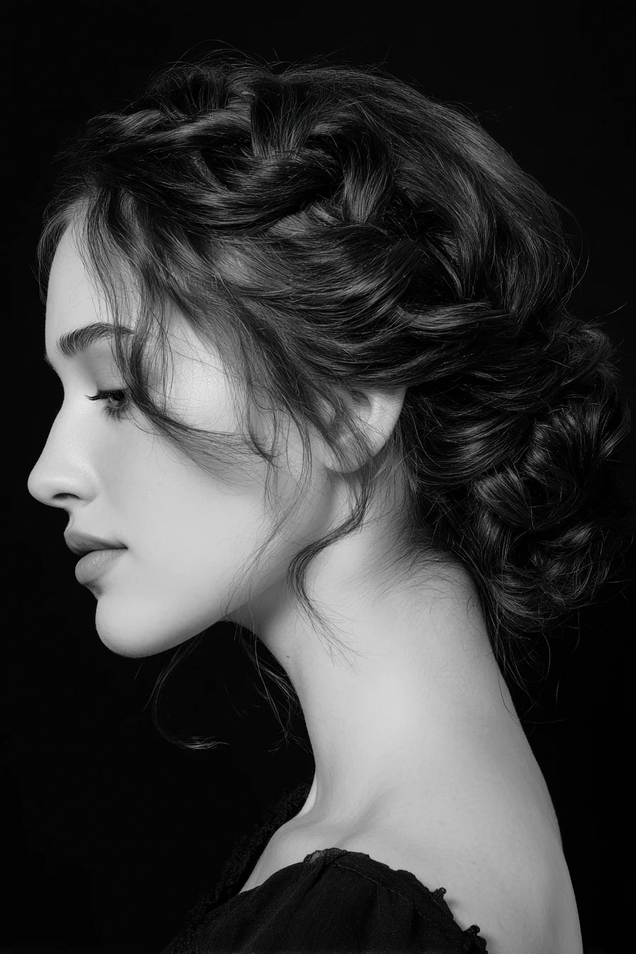 Textured Braided Low Bun with Face‑Framing Tendrils