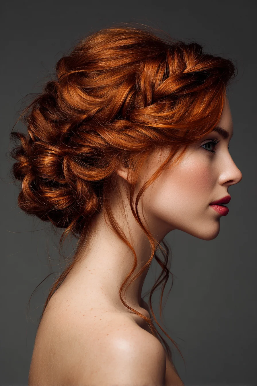 Textured Braided Low Updo with Face‑Framing Tendrils