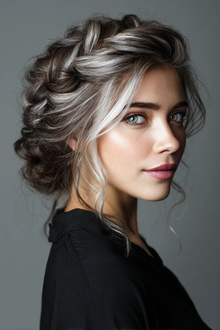 Textured Braided Low Updo with Soft Face‑Framing Tendrils