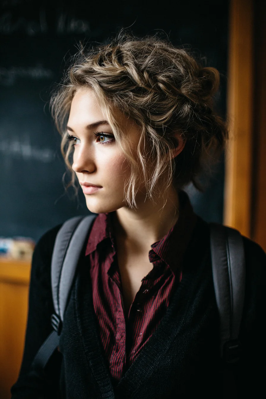 Textured Braided Messy Updo with Face‑Framing Tendrils