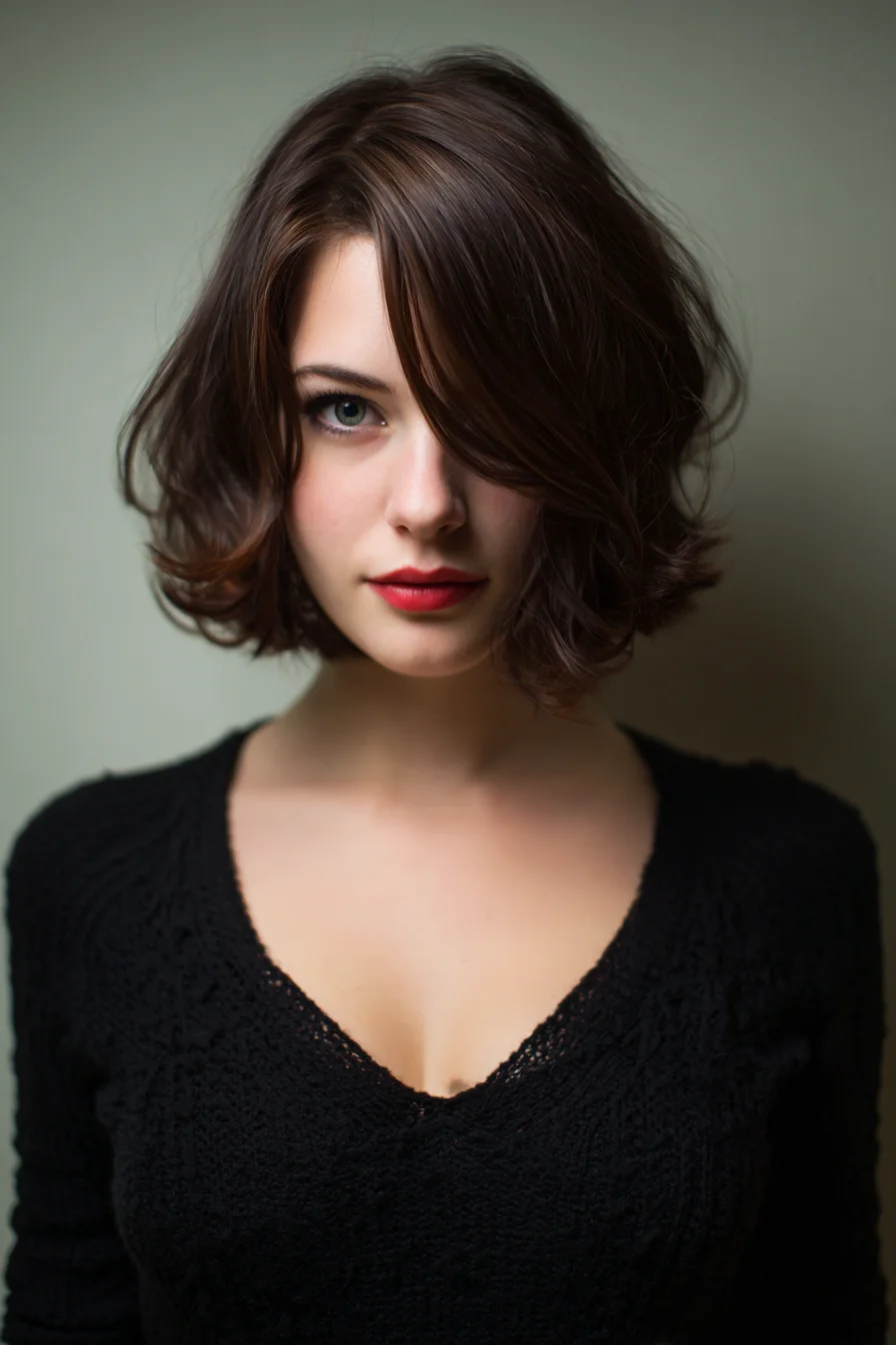 Textured Chin-Length Bob with Side-Swept Fringe and Soft Waves