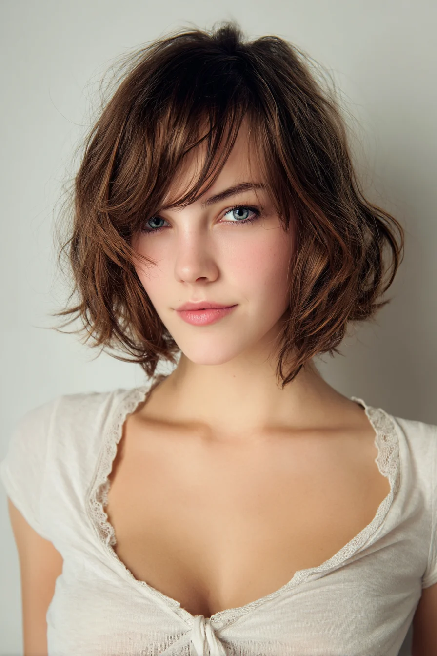 Textured Chin-Length Shag Bob with Side-Swept Fringe