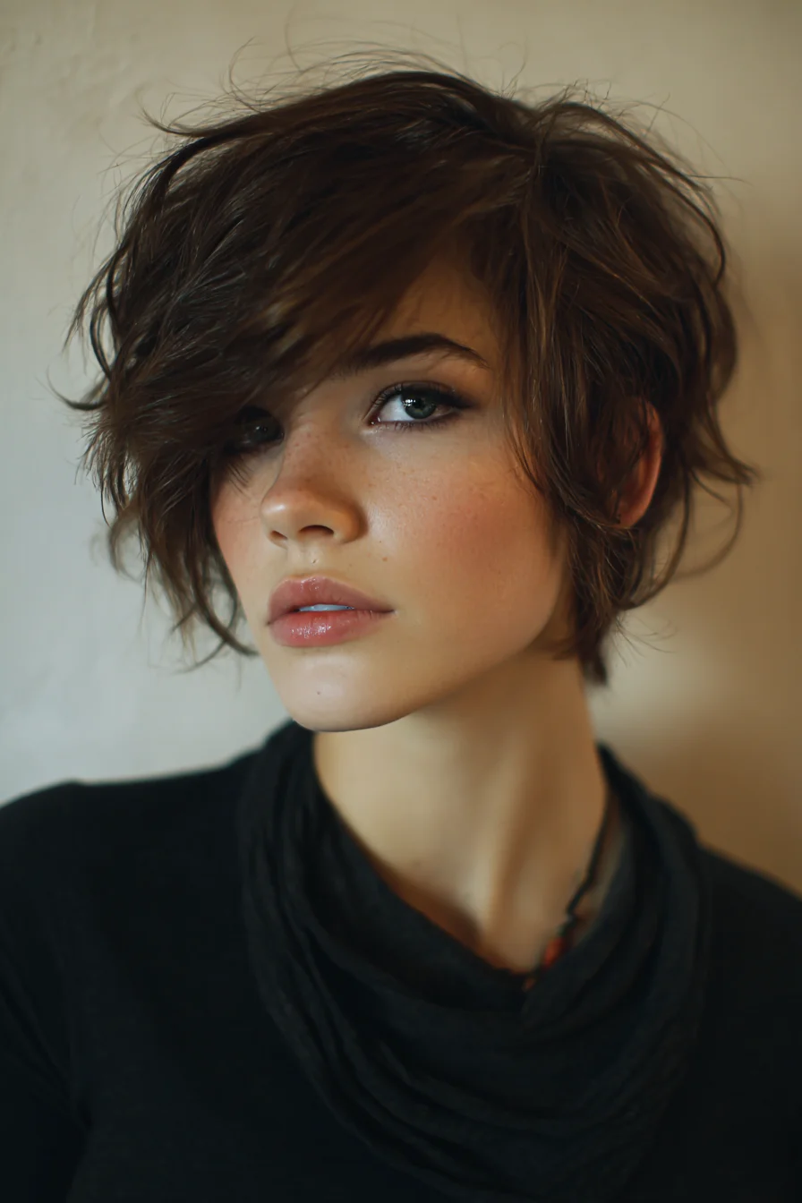 Textured Choppy Pixie with Long Side‑Swept Fringe for Fine to Medium Hair