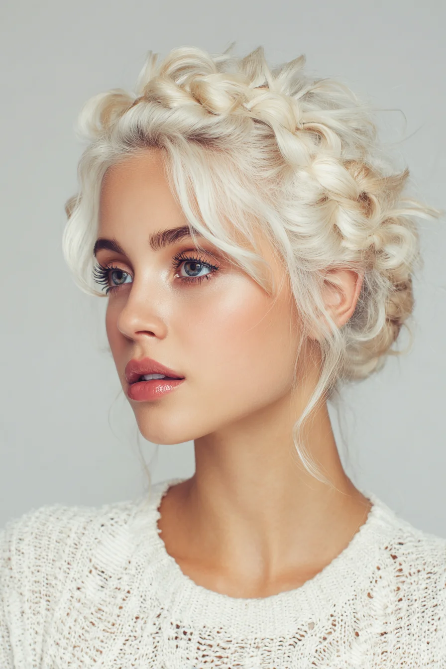 Textured Crown Braid Updo — Braided Halo with Face‑Framing Tendrils