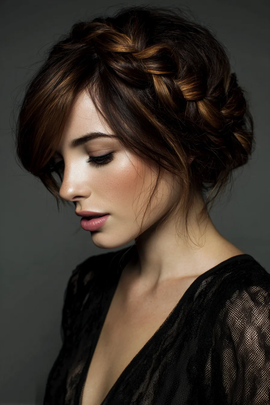 Textured Crown Braid Updo with Face‑Framing Layers