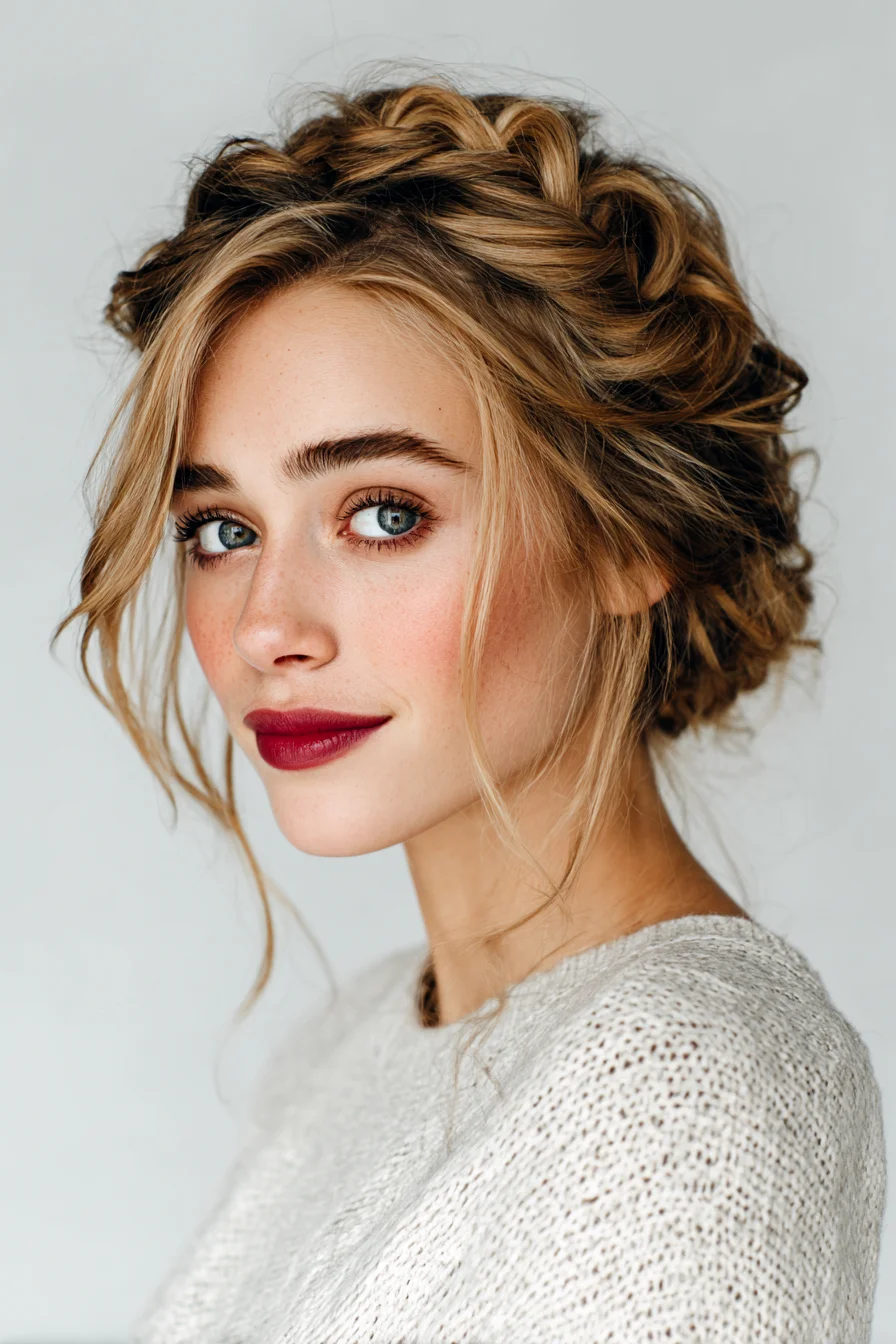 Textured Crown Braid Updo with Face‑Framing Tendrils