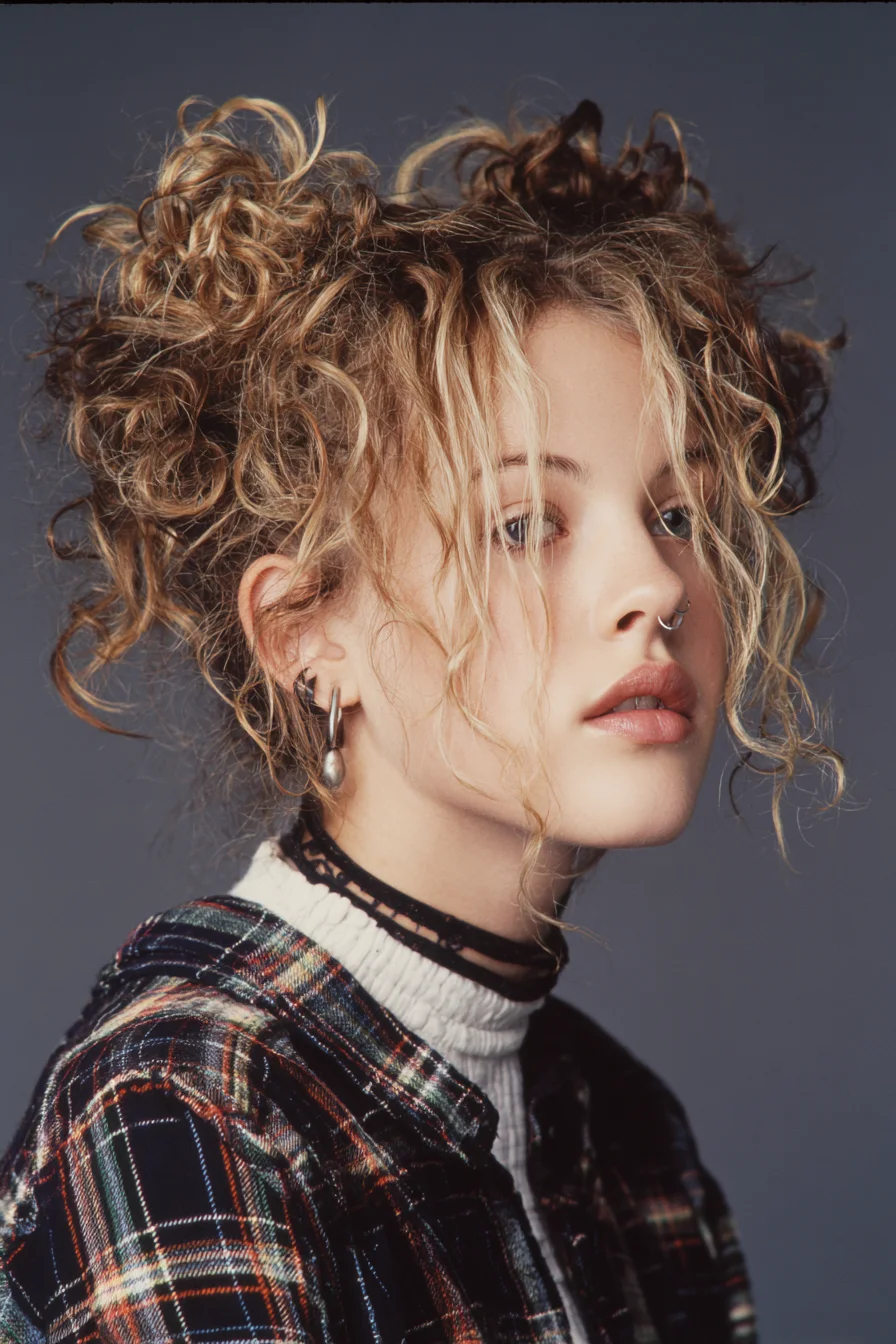 Textured Curly Double Buns with Face‑Framing Tendrils