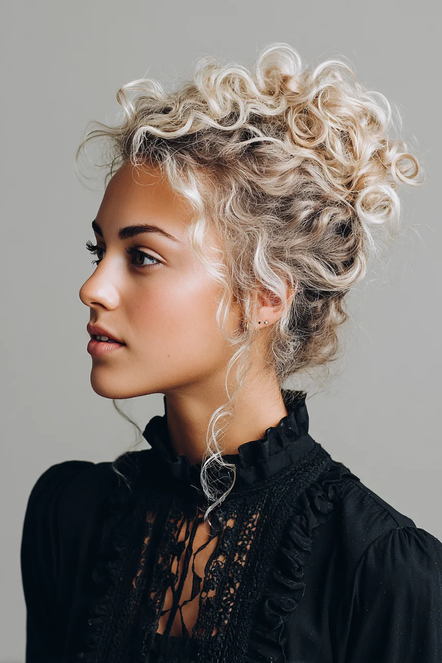 Textured Curly High Bun with Face‑Framing Tendrils