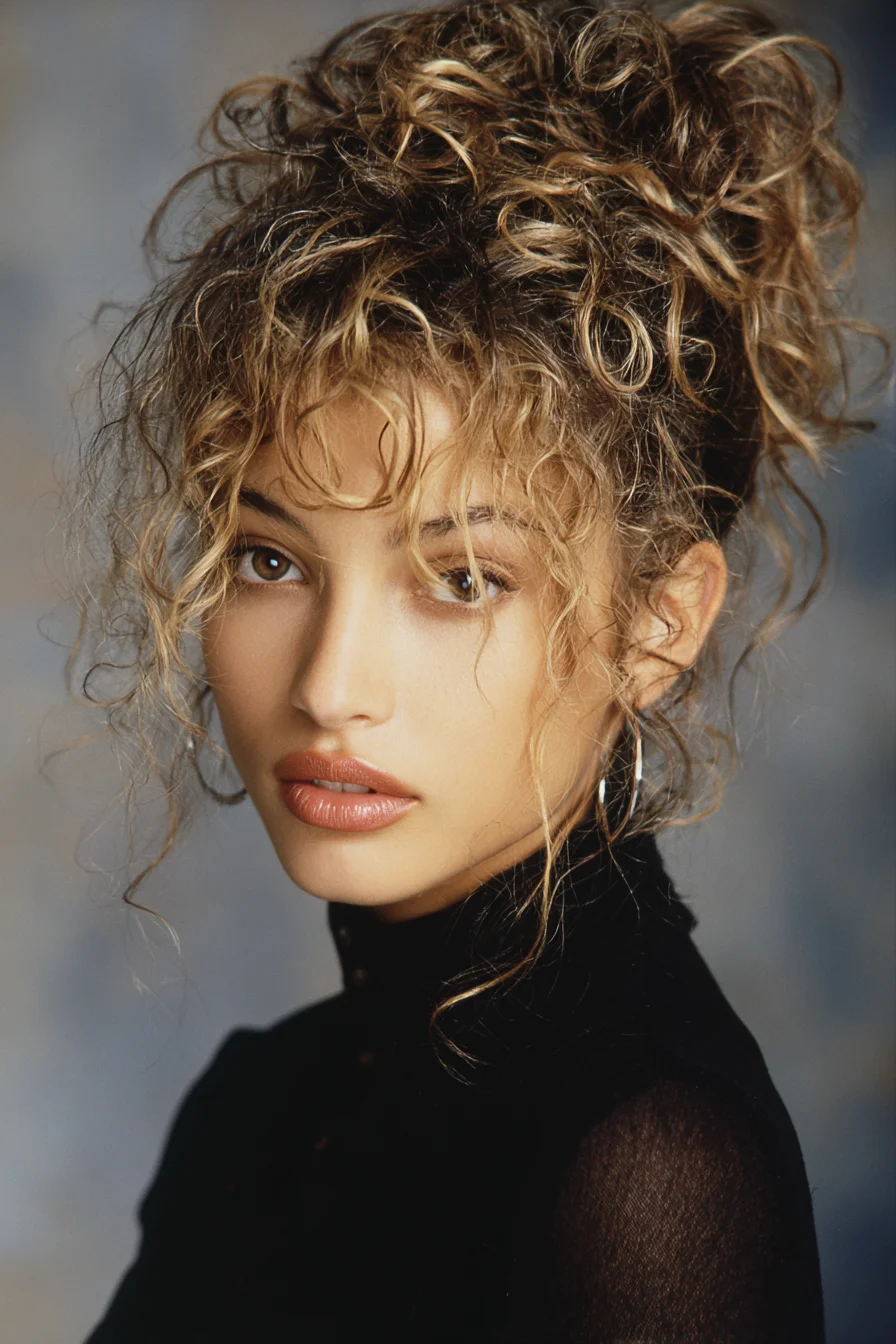 Textured Curly High Bun with Face‑Framing Tendrils