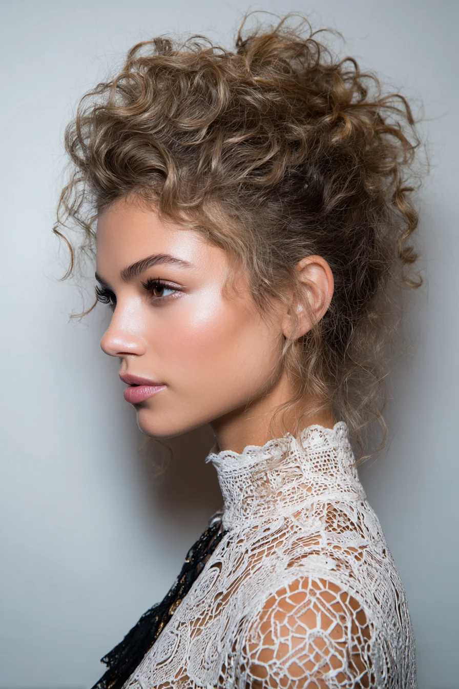 Textured Curly High-Volume Updo with Face‑Framing Tendrils
