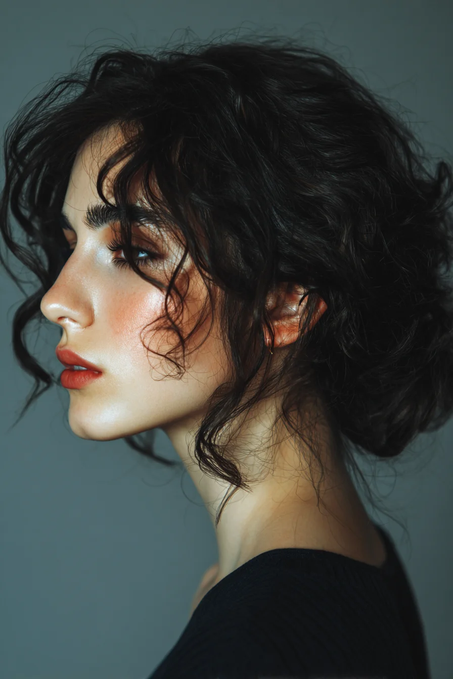 Textured Curly Low Bun with Face‑Framing Tendrils