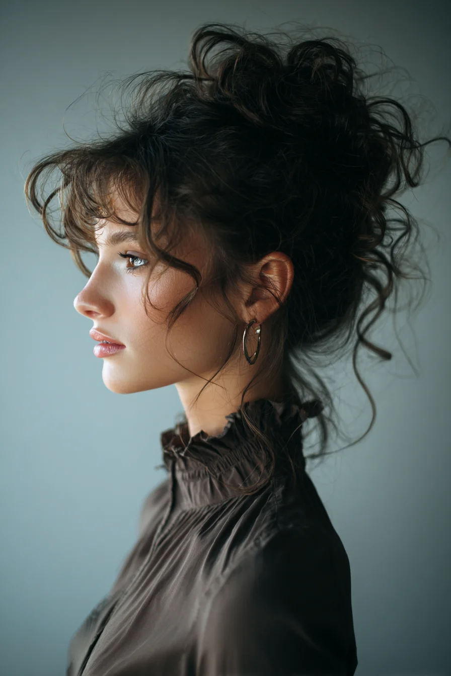 Textured Curly Messy Bun with Face‑Framing Tendrils