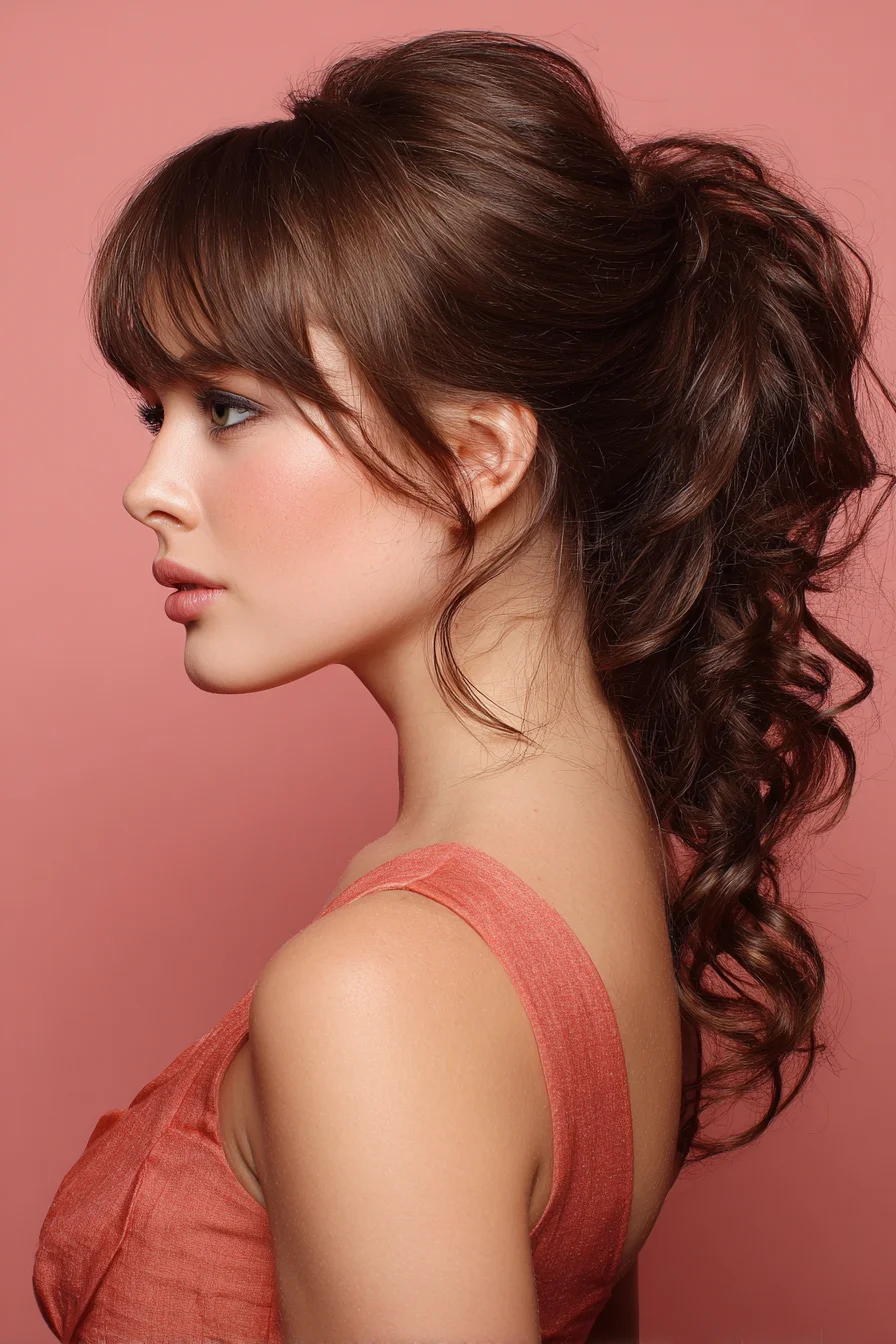 Textured Curly Mid-High Ponytail with Face‑Framing Bangs