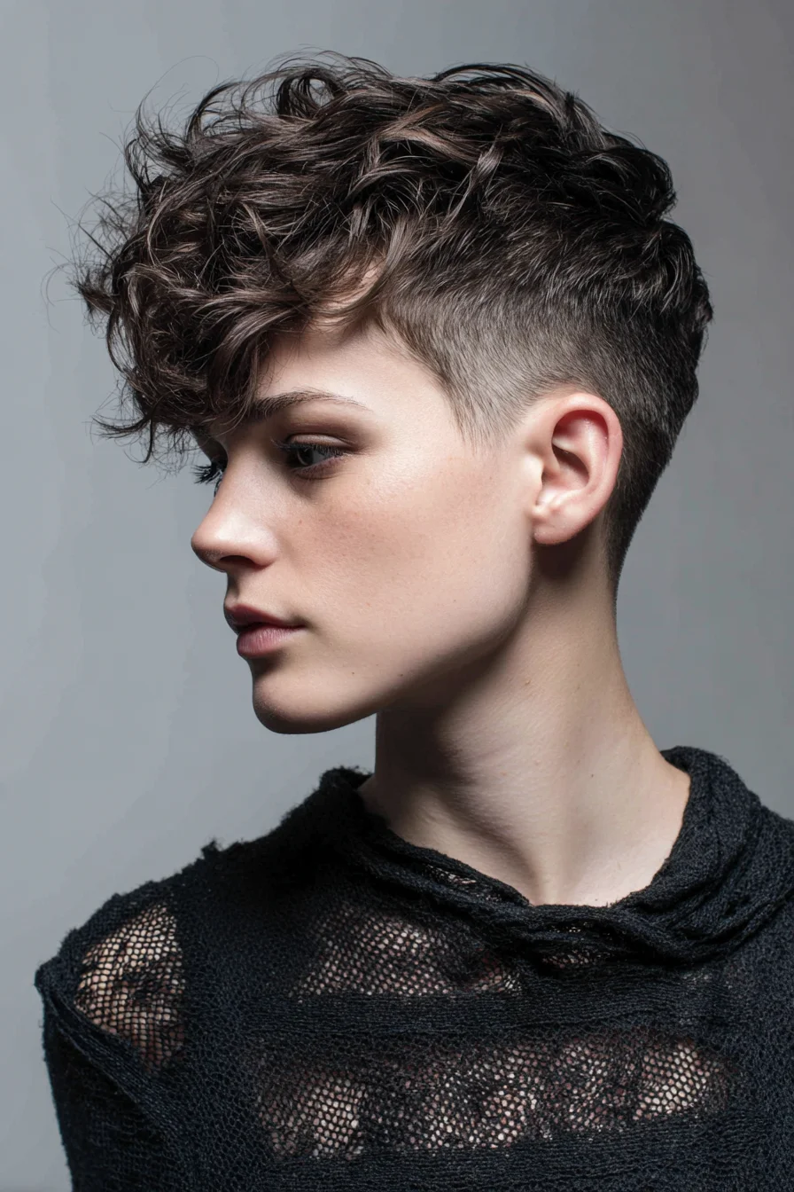 Textured Curly Pixie with Low Fade — Voluminous Top & Tapered Sides