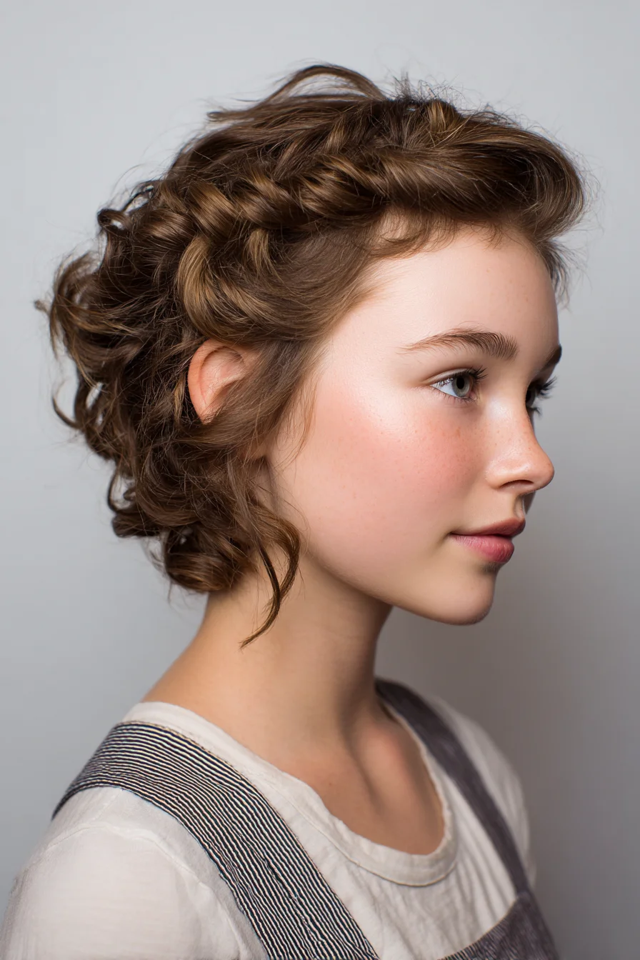 Textured Curly Updo with Braided Crown for Short to Medium-Length Hair
