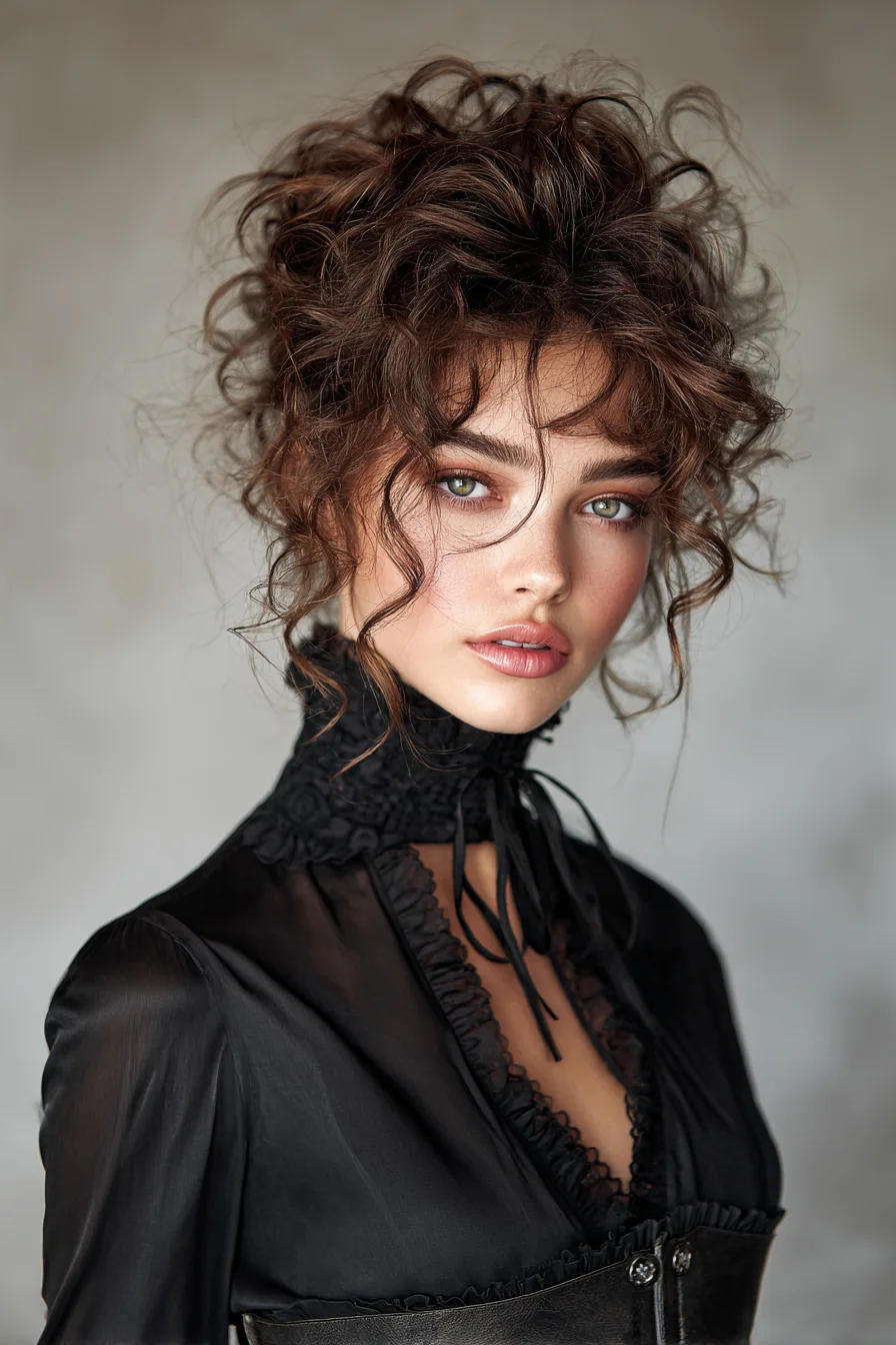 Textured Curly Updo with Face‑Framing Tendrils