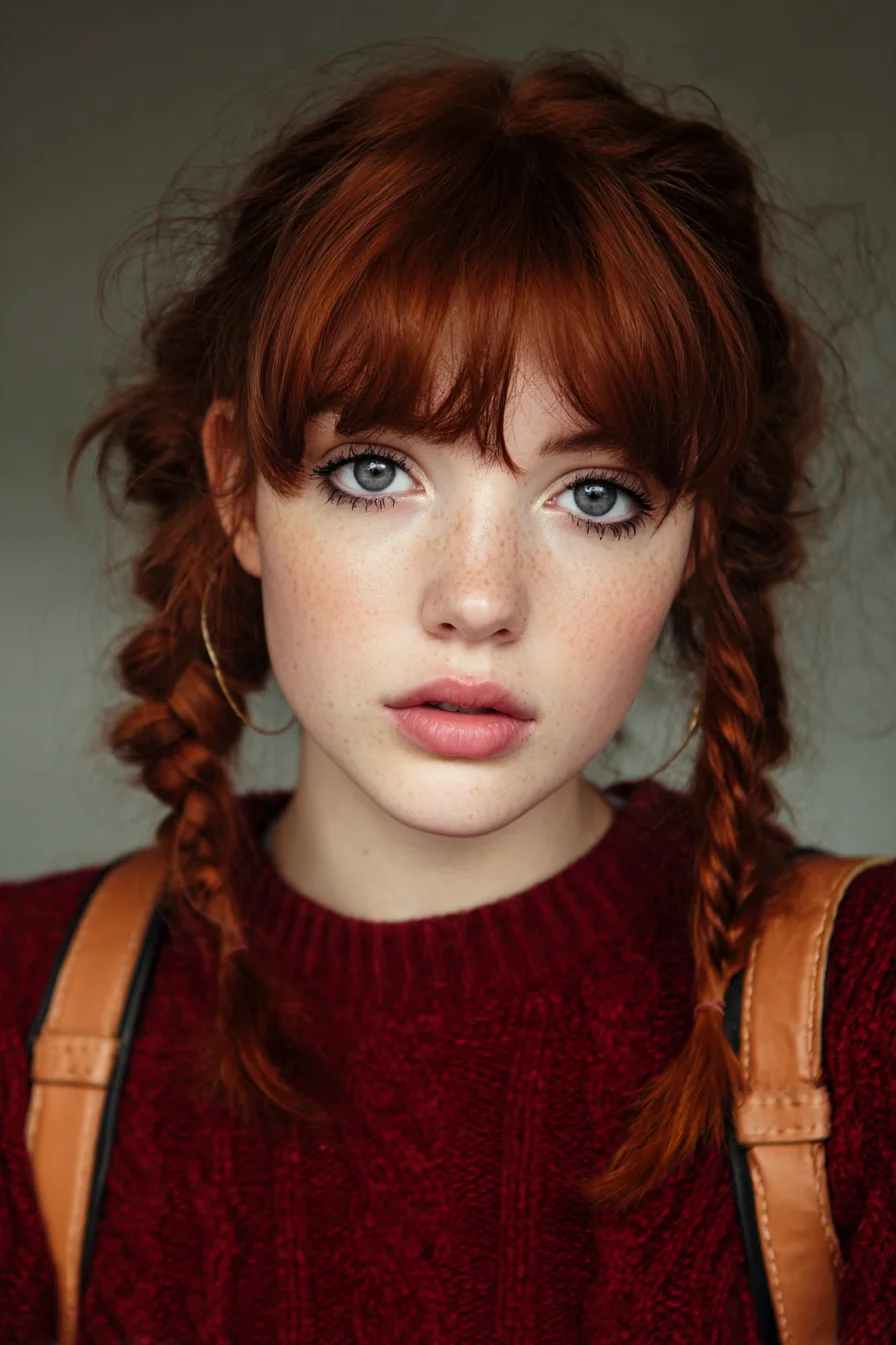 Textured Double Braids with Soft Curtain Bangs