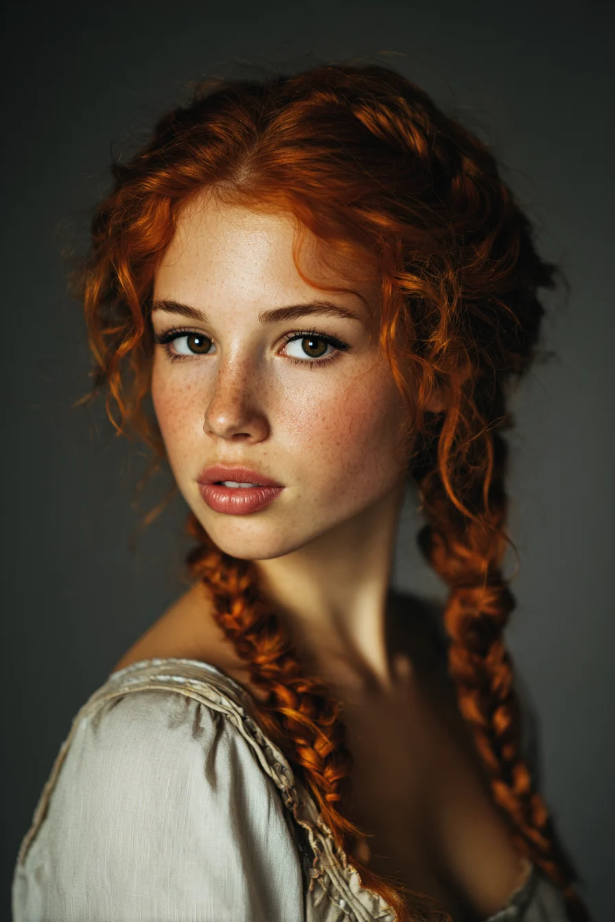 Textured Double Dutch Braids for Red Curly Hair with Face‑Framing Tendrils