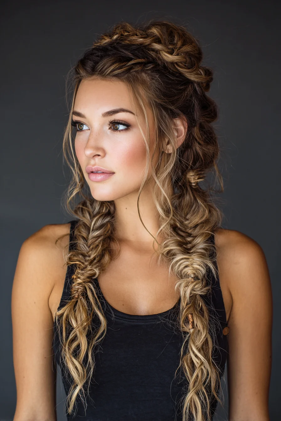 Textured Double Fishtail Braids with Braided Crown — Boho Long-Hair Style