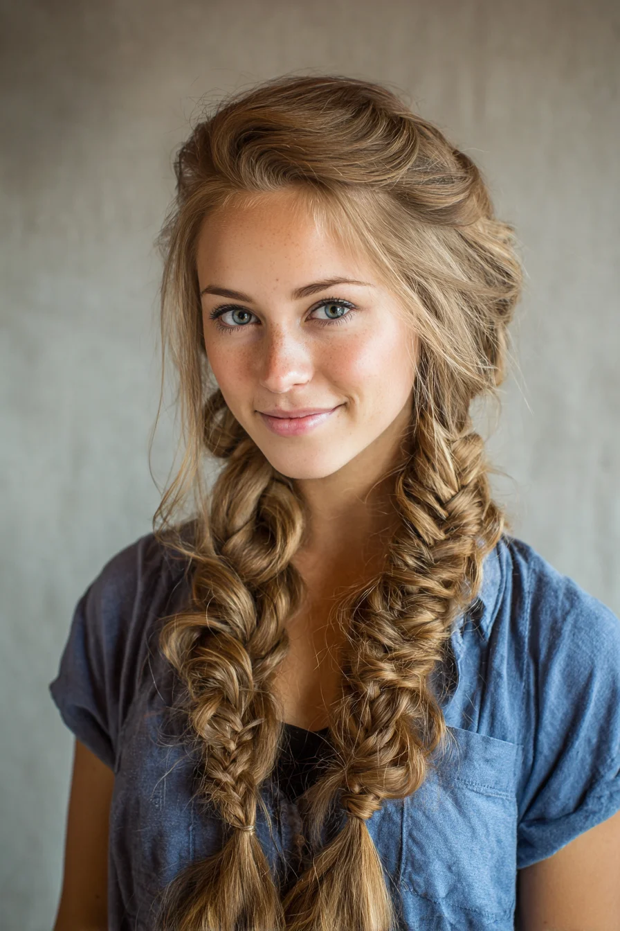 Textured Double Fishtail Braids with Face‑Framing Pieces