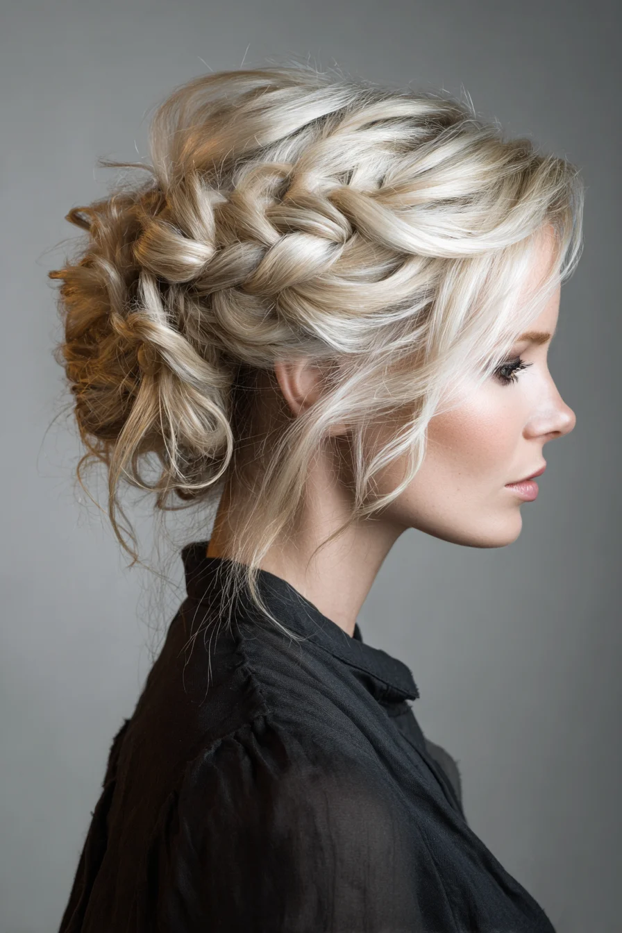 Textured Dutch Braid Updo for Medium‑Long Blonde Hair