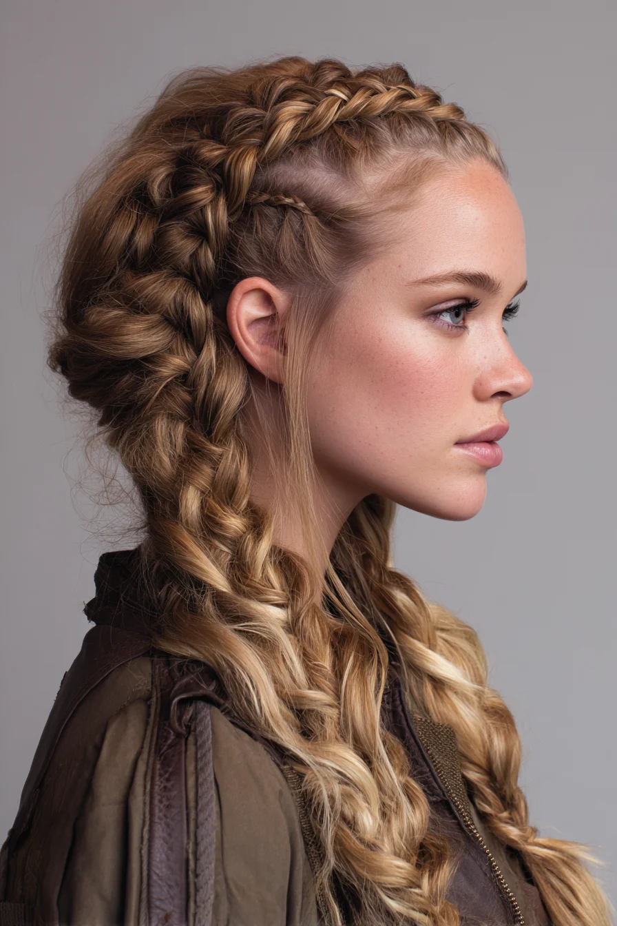 Textured Dutch Crown Braids with Loose Wavy Ends