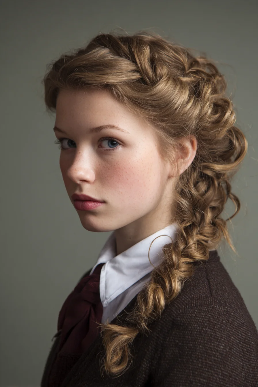 Textured Dutch Crown into Loose Fishtail Side Braid Updo