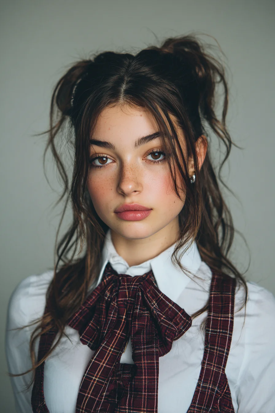 Textured Half‑Up Double Buns with Face‑Framing Layers