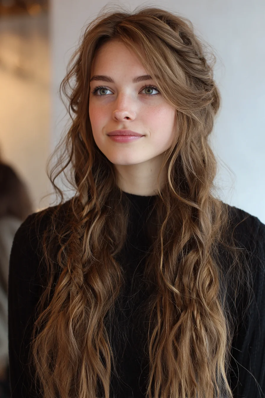 Textured Half-Up with Loose Waves and Face‑Framing Twists for Long Wavy Hair