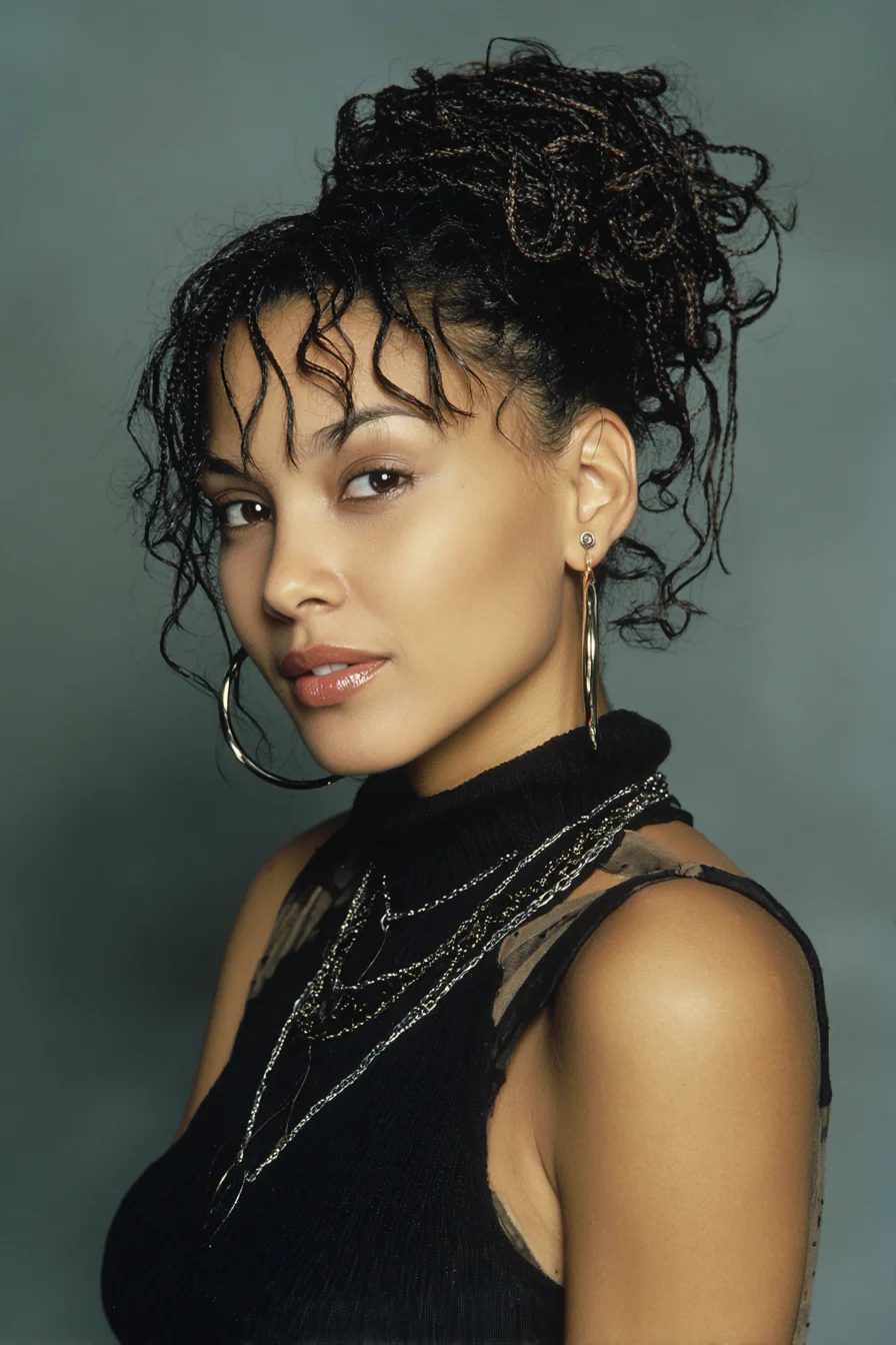 Textured High Braided Bun with Curly Face‑Framing Tendrils