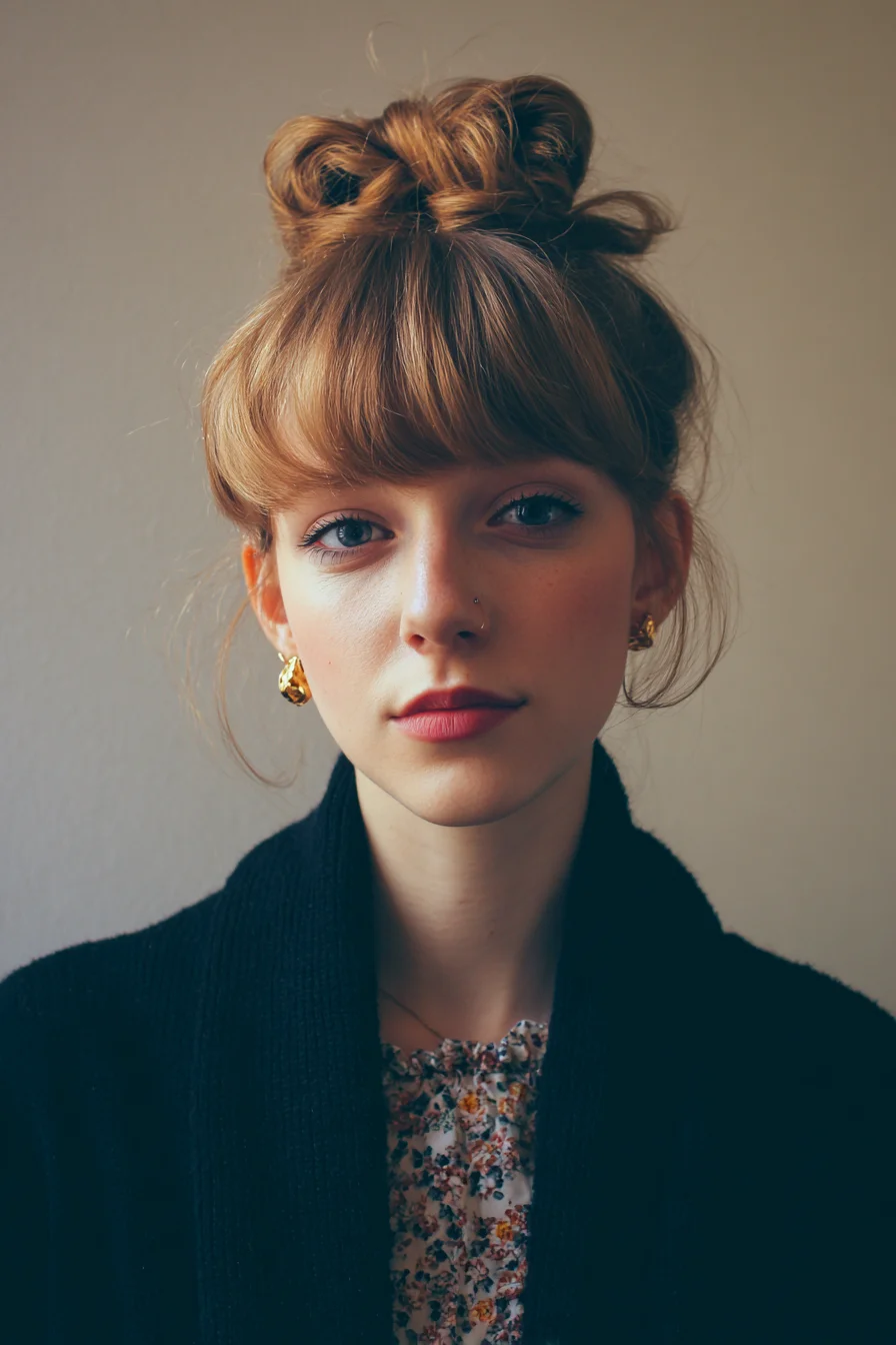 Textured High Knot Bun with Curtain Bangs
