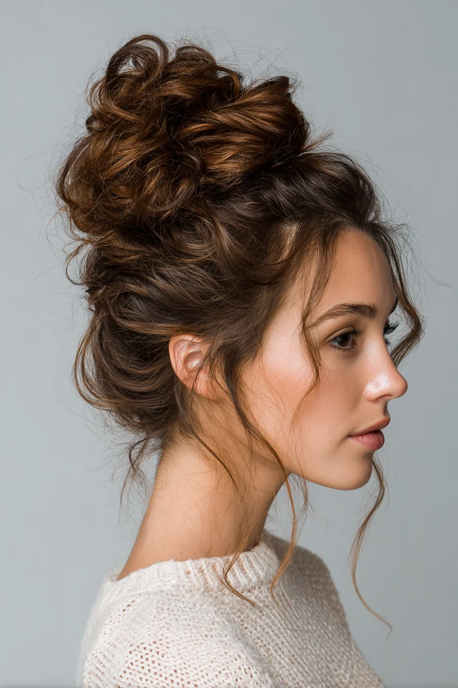 Textured High Messy Bun with Face‑Framing Tendrils