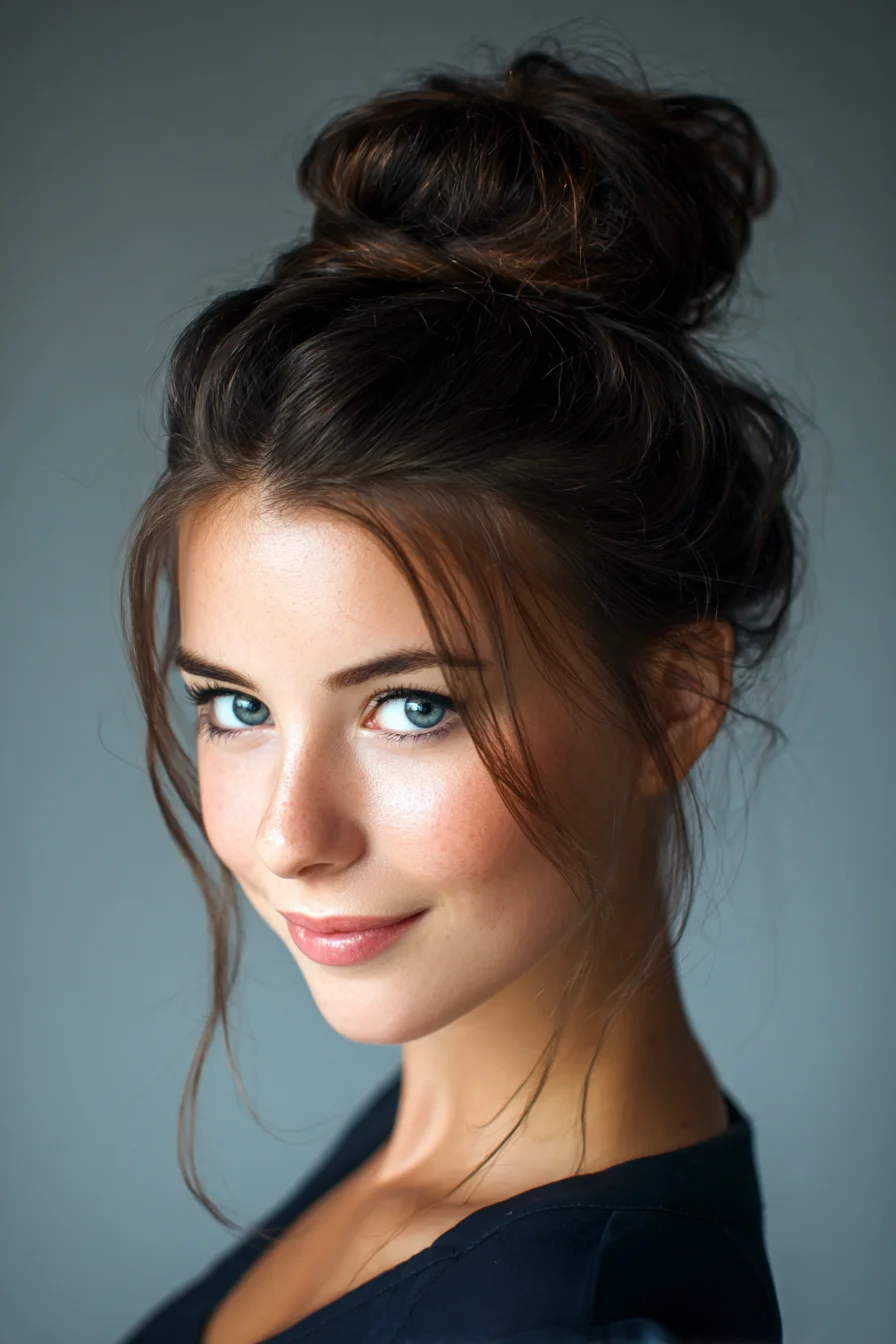 Textured High Messy Topknot with Face‑Framing Tendrils