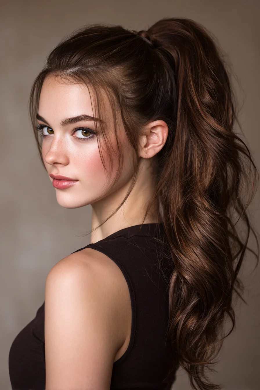 Textured High Ponytail with Loose Waves and Face‑Framing Tendrils