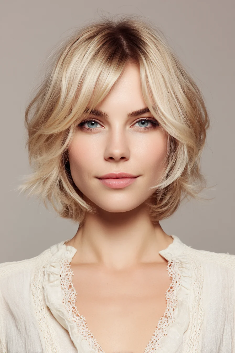 Textured Layered Blonde Bob with Soft Curtain Bangs