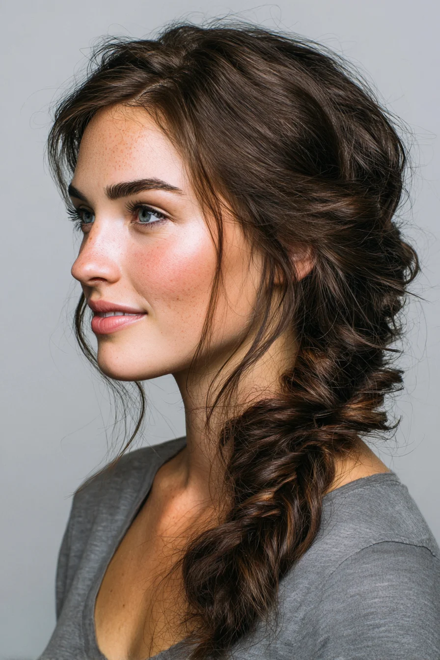 Textured Loose Side Fishtail Braid with Face‑Framing Layers