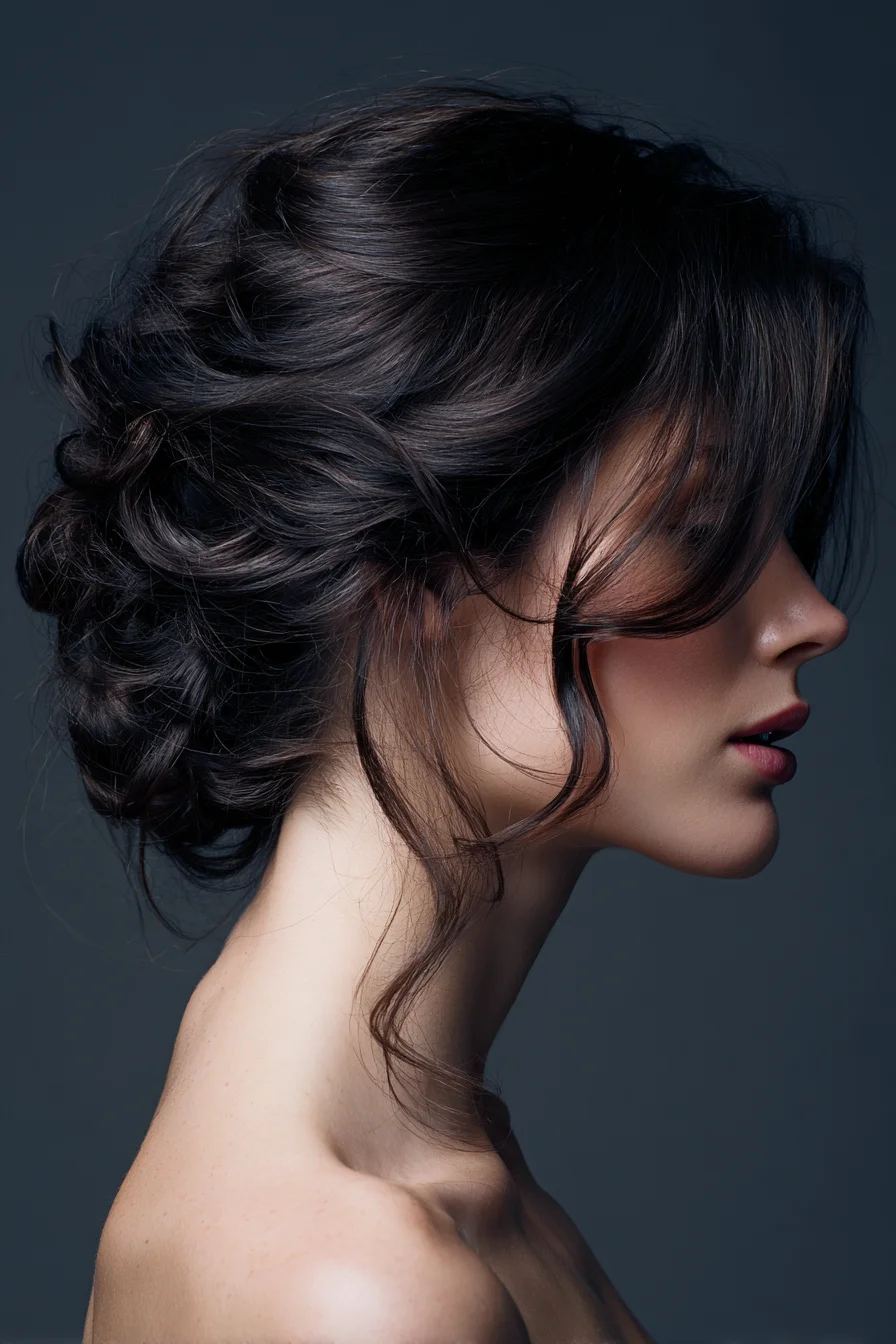 Textured Low Chignon Updo with Face‑Framing Tendrils