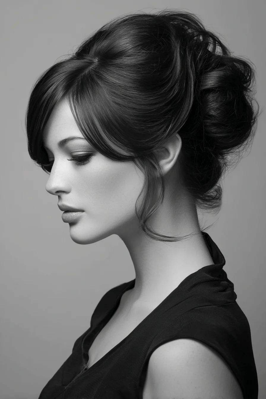 Textured Low Chignon Updo with Side‑Swept Bangs