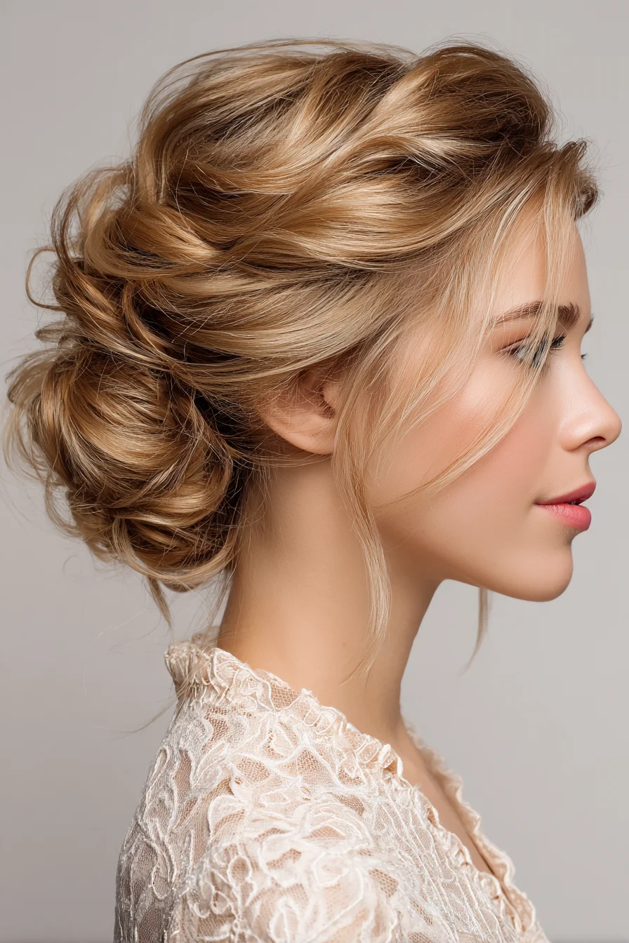 Textured Low Chignon Updo with Soft Face‑Framing Tendrils