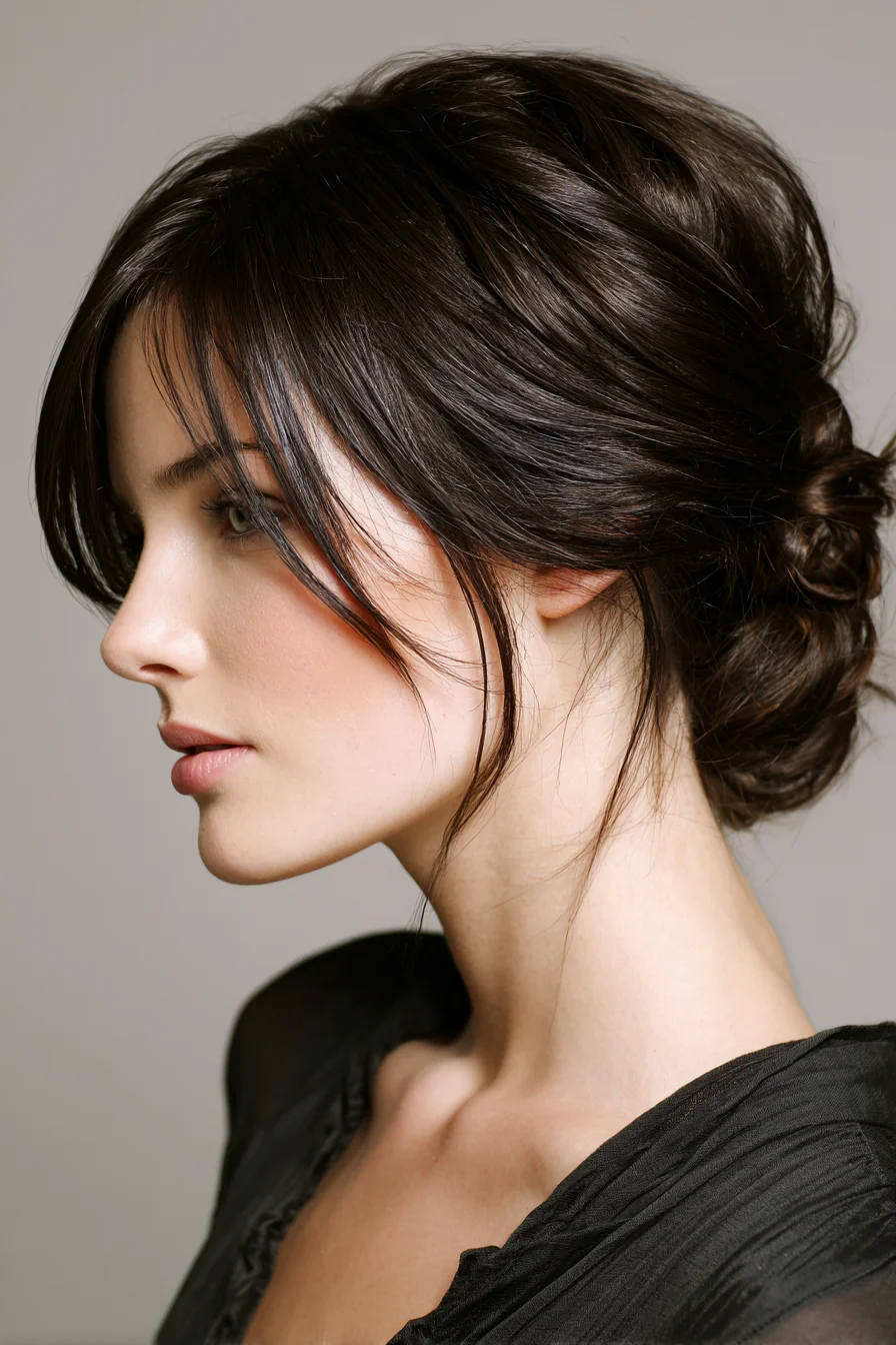 Textured Low Chignon with Face‑Framing Layers