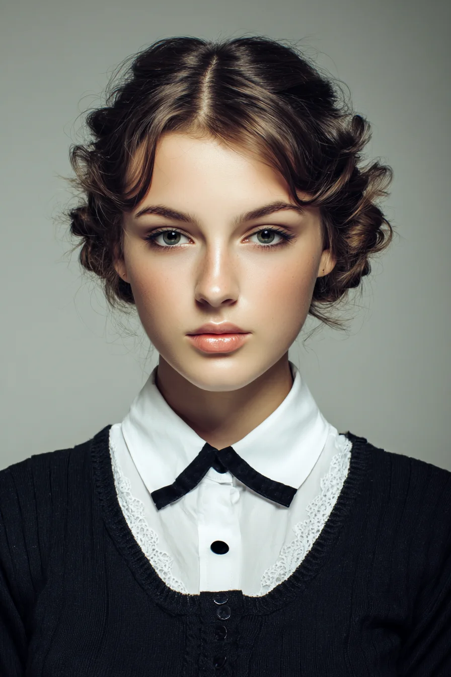 Textured Low Chignons with Soft Curtain Bangs